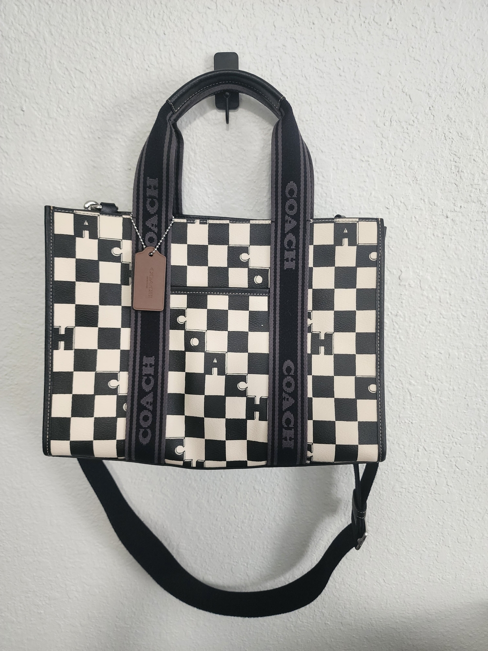 COACH Black & White Checkered Leather Tote with Logo Straps